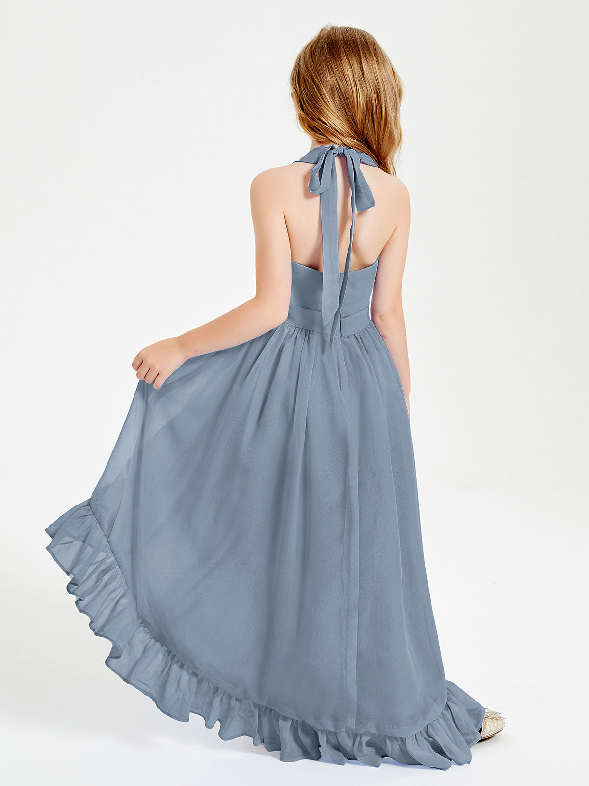 Trendy Boho Junior Bridesmaid Dresses Asymmetrical Cascading Skirt Dusty Blue